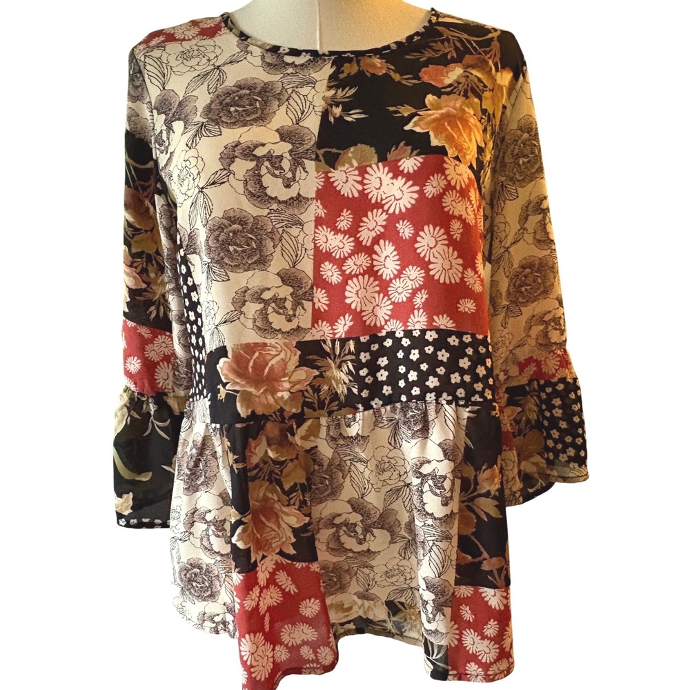 Chenault Womens Patchwork Floral Peplum Blouse Bell Sleeve Red Black‎ Small